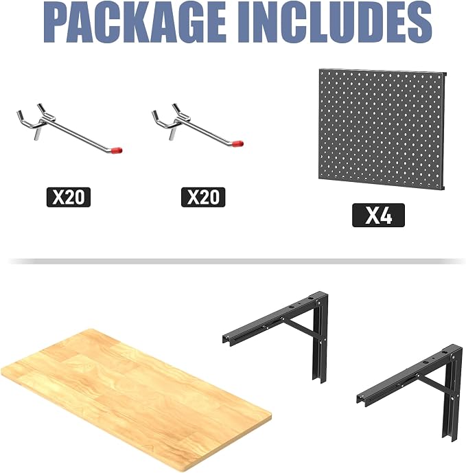 WALMANN Space Saving Wall Mounted Folding Workbench with Pegboard Kit, Heavy Duty Folding Wall Table/Desk for Garage, Workshop, Holds Up to 150 lbs(Tabletop Size: 31.5 x 15.75 in)