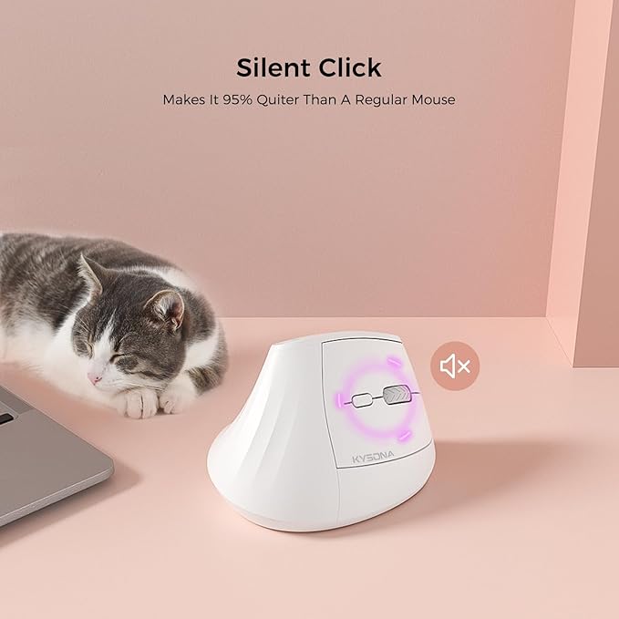 KYSONA 57° Wireless Ergonomic Mouse, Vertical Mouse, Carpal Tunnel Mouse, RGB Light, Rechargeable, Bluetooth & 2.4G, 5-Level DPI Adjustment, Quiet Click Ergo Mice Compatible with PC/Laptop/Mac, White