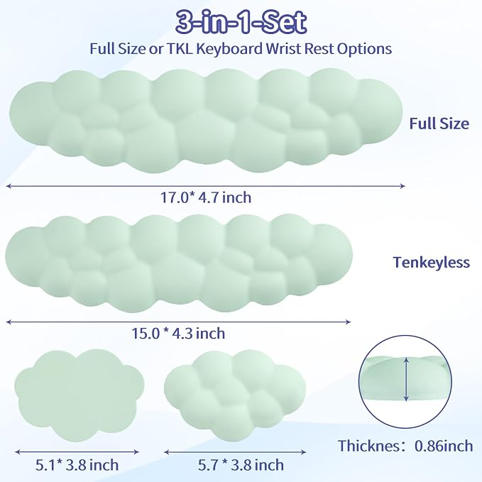 Sushret Cloud Wrist Rest Keyboard, Cloud Keyboard Wrist Pad Set with PU Leather Memory Foam, Cute Arm Rest for Palm Support, PC/Gaming Desk Accessories/Office Setup/Computer Hand Cushion - Light Green