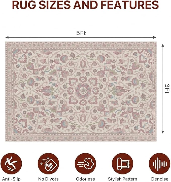 36"x60" Office Chair Mat for Hardwood Tile Floor, Under Desk Carpet Protector for Rolling Computer Chair Mat, Machine Washable Area Rug, Anti-Slip 1/5" Thick Low Pile Thin Vinyl Floor Mat, Dusty Rose