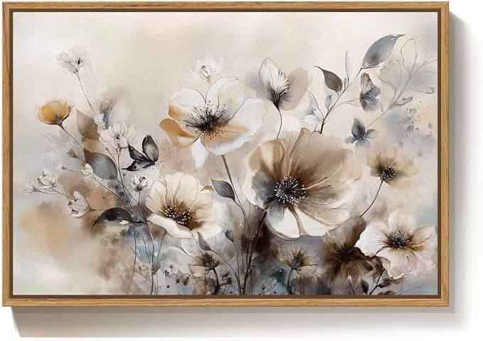 Framed Neutral Floral Wall Art, Vintage Beige Botanical Flower Canvas Artwork for Modern Farmhouse Walls, Rustic Watercolor Painting Prints for Living Room Bedroom Kitchen Dining Room, 24x36 Inch