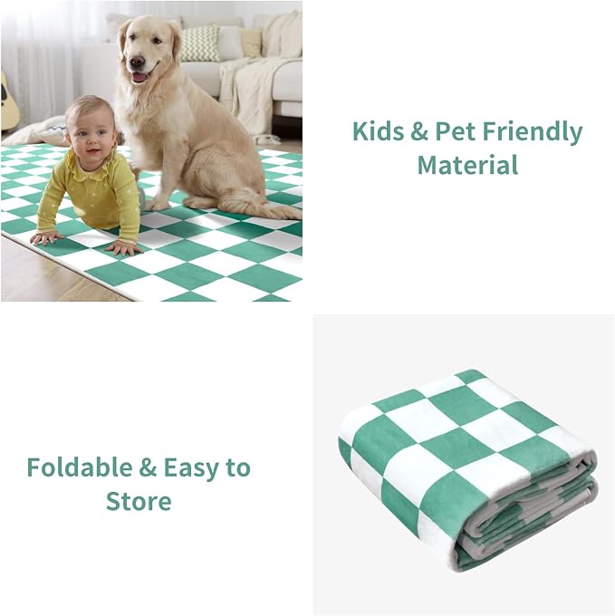 Terrug Green and White Checkered Rug for Living Room,5x7 Area Rugs Washable with Non Slip for Bedroom,Soft Low Pile Stain Resistance Retro Carpet for Dorm Kids Room