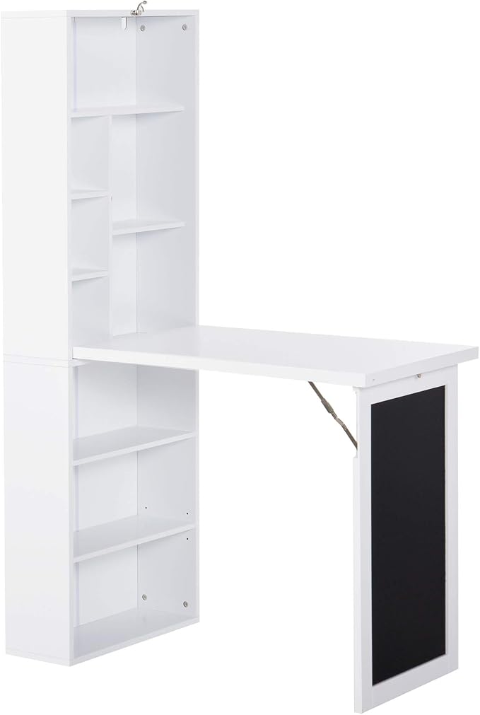 Folding Wall Mounted Desk with Storage, Expandable Hidden Computer Desk, Foldable Space-Saving Pull Out Murphy Table, Writing Table with Blackboard for Home Office Bedroom Small Spaces (White.)