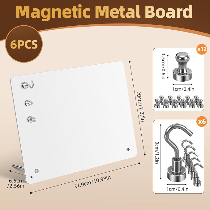 Magnetic Metal Display Bulletin Board, White, 6-Pack, 11x8 Inch | Horizontal Orientation, Includes 18 Magnets, For Memos Messages Photos, Home School Kitchen Office Use