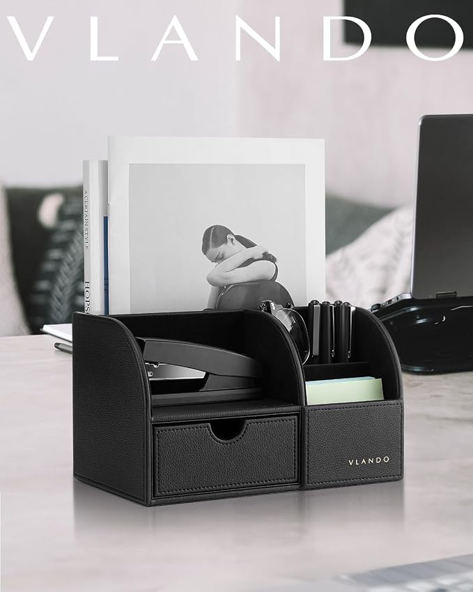 VLANDO 2 Pcs PU Leather Desk Caddy Set with Drawer,Pen Holder | Set for Office Supplies,Remote Controls,Pens,Small Accessories,Workspace Decor for Men,Black
