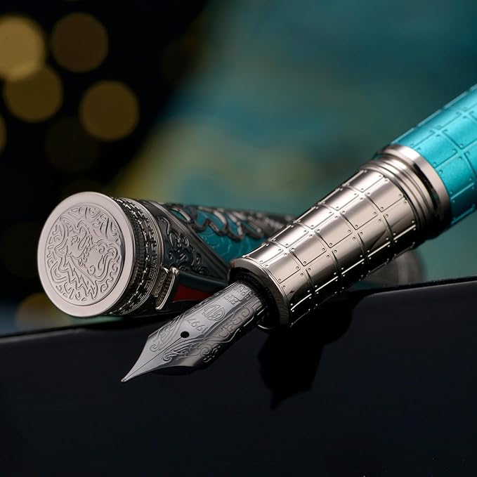 Hongdian D5X Fountain Pen Turquoise Extra Fine Nib, Qin Dynasty Retro Chinese Totem Engraving Smooth Writing Pen with Converter and Pen Box Set