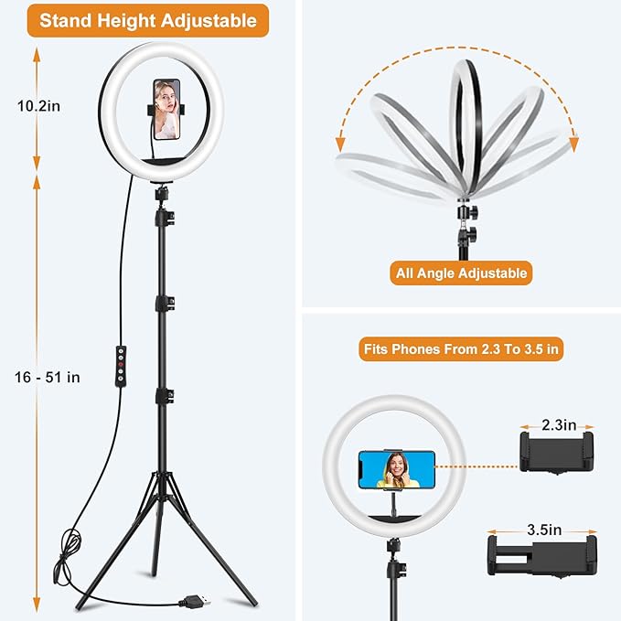 10.3" Selfie Ring Light with Stand and Phone Holder, Desk Tripod, 29 RGB Lighting Modes, Remote for iPhone &Android Camera. LED Halo Light for Photo, Video Recording, TikTok. Circle Ringlight Dimmable