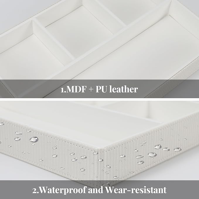 Buqoo PU Leather Desk Organizer Tray, Office Supplies Storage Valet Tray | White PU leather desk organizer tray with multiple compartments, keeps office supplies, jewelry and small neat and accessible