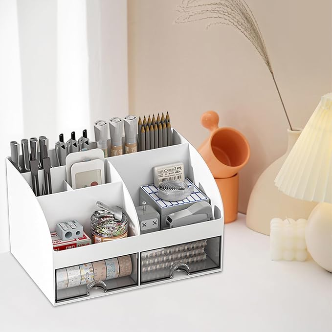 Dfacio Desk Organizer, Desktop Organizers and Accessories with 6 Compartments and 2 Drawers, Aesthetic Desk Accessories for Home, Office, School, White