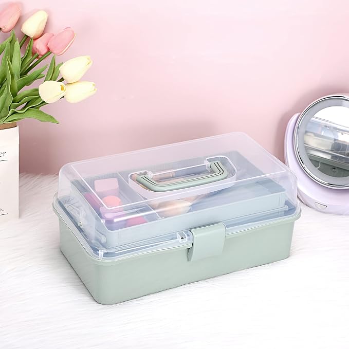 BTSKY 3-Layer Plastic Dividing Storage Box Craft Organizer and Storage | Portable Handled Art Supply Organizer with Adjustable Spacers Multipurpose Home Utility Box for Medicine Sewing(Haze Green)