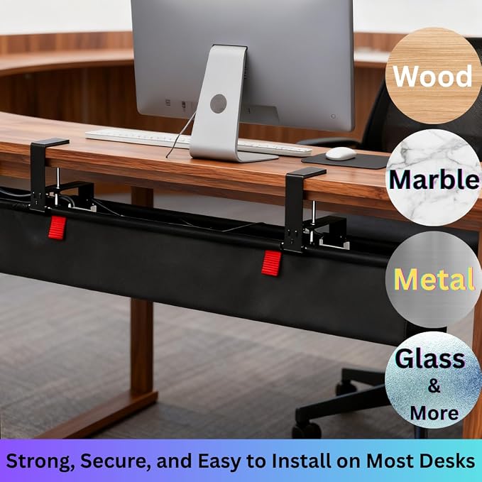 Under Desk Cable Management Tray, 36" Large No Drill Cord Organizer with Easy to Clean Oxford Fabric, Clamp On Power Stripe Holder for Home Office & Gaming Space to Hide Wires