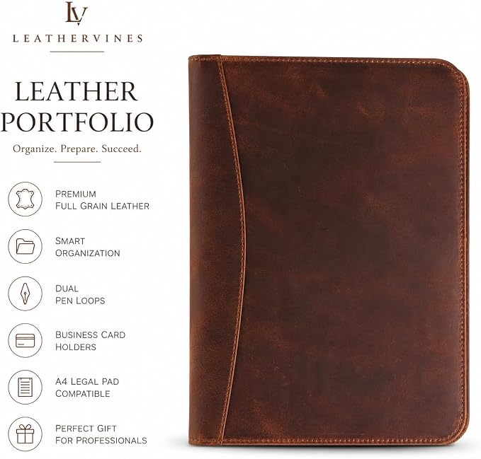 Leathervine Compact Leather Portfolio with Clipboard | Legal Pad | Card Holders | File Pocket | Pen Loop | Premium Organizer for Meetings | Work | Interviews | Graduation Gifts