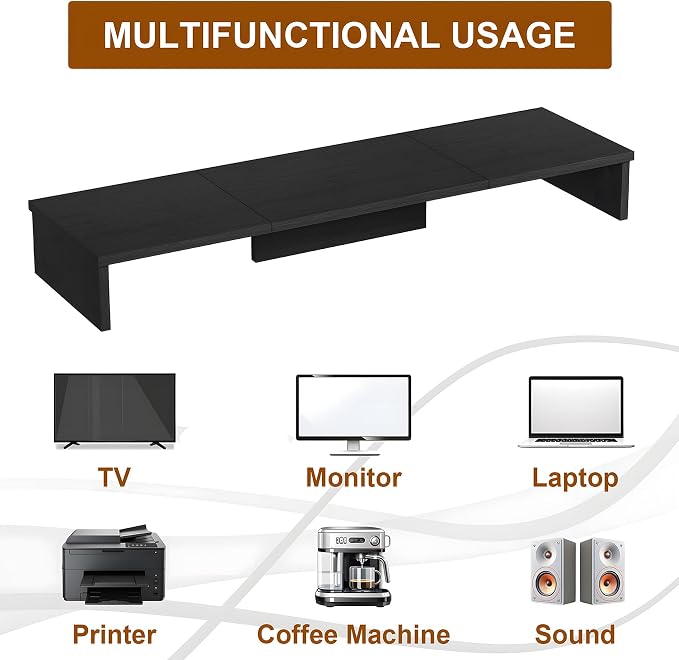 Qupui Dual Monitor Stand Riser, Large Computer Monitor Stand for Desk, Monitor Riser for 2 Monitors, Wood Desk Shelf for Top of Desk, Desktop Organizer for Computer, Laptop, Printer, TV