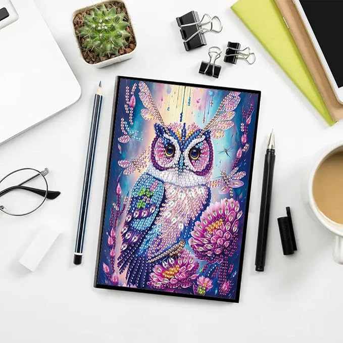 FRANDEK A5 50-Page DIY Owl Diamond Art Painting Notebook with Beautiful Patterns, Special Shaped Diamond Art Craft for Beginners Adults Gift