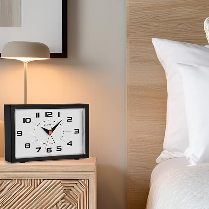 Silent No Ticking Analog Alarm Clock,Crescendo Alarm,Snooze with Light,Tablemount Wall Mount for Desk Bedside,Black