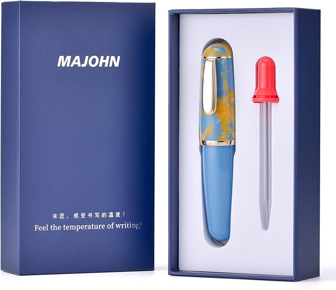 Lanxivi Majohn Q1 Fountain Pen Fude Pen Bent Nib Sky Blue Acrylic, Little Fat Man Eyedropper Filling Pocket Pen Large Capacity