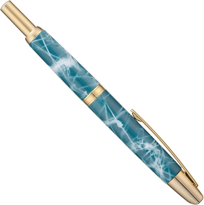 Jinhao 10 Press Fountain Pen with Box, Marble Blue Retractable Fine Nib with Ink Converte Set (Golden Clip)