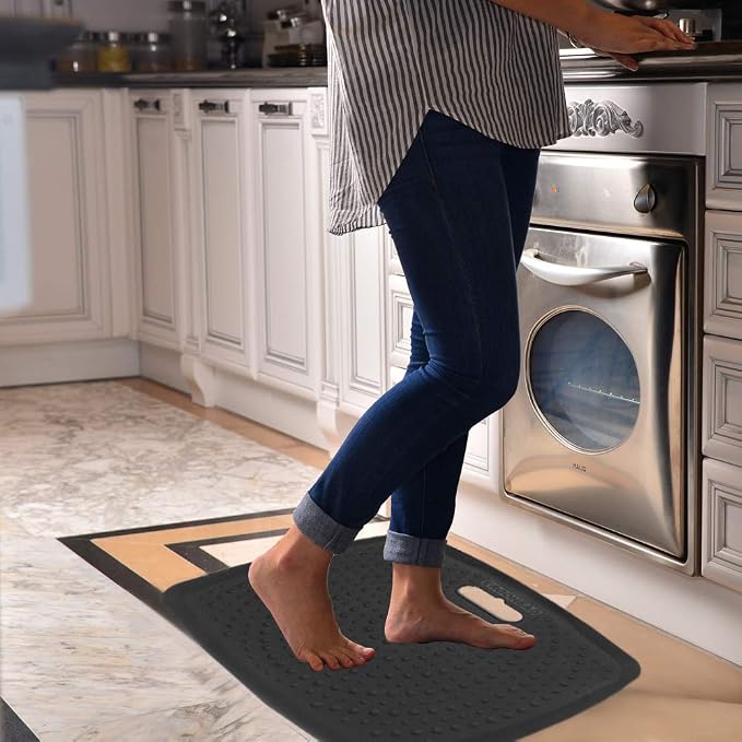 Anti Fatigue Kitchen Floor Mat Comfort Standing Mat, Portable Office Standing Desk Mat, Multi-Purpose Kitchen Rug, Built-in Handle with Massage Points Comfort Floor Mat(Black+Gray, 17" x 22")