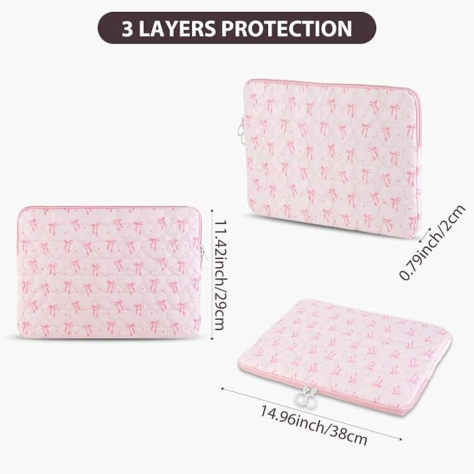 Cute Bow Puffy Laptop Sleeve 13-15 Inch Cute Quilted Laptop Protective Case Padded Bow Computer Sleeve for MacBook