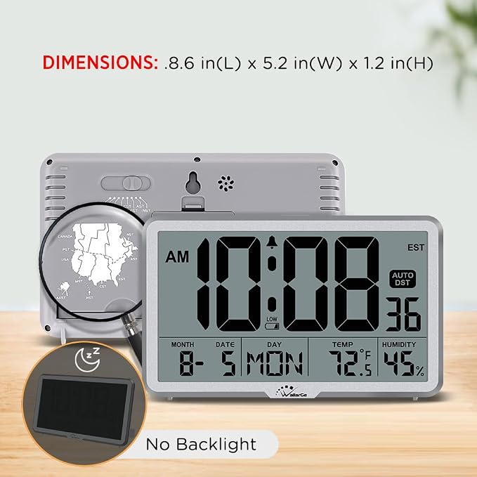 WallarGe Auto Set Digital Wall Clock Battery Operated, Auto DST | Desk Clock with Temperature, Humidity and Date, Large Display Digital Calendar Alarm Clock for Bedroom, Office, Classroom