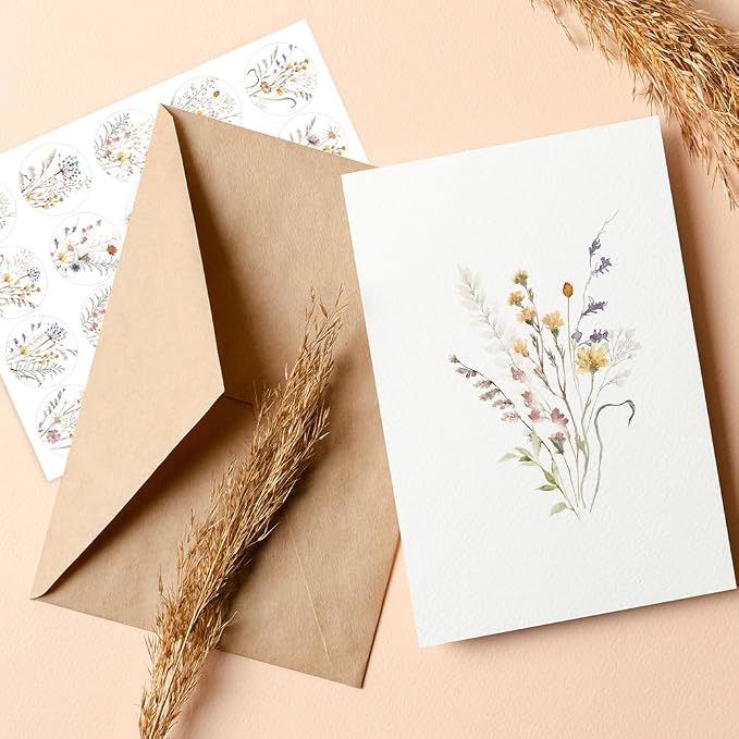 AUDREE 50 Set Blank Cards and Envelopes 3.5x5 - Watercolor Wildflowers Blank Greeting Cards with Adhesive Envelopes and Matching Sticker - Blank Note Cards for All Occasions