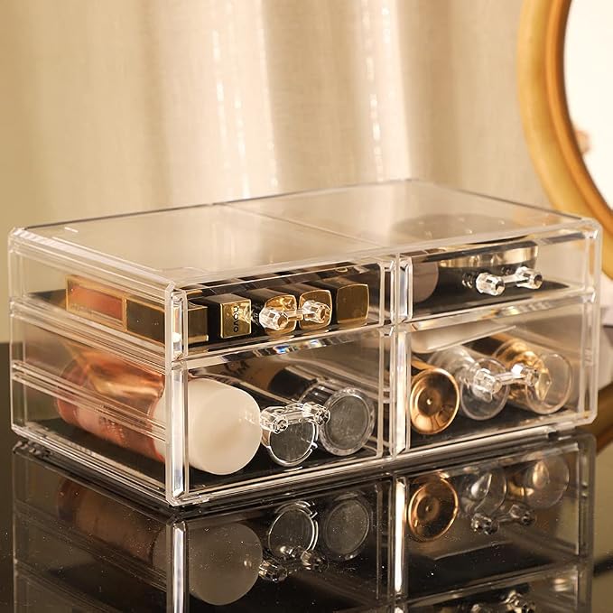 Cq acrylic Makeup Organizers with 4 Drawers,Rectangular Office Stationery Supplies Plastic Clear Storage Containers,Stackable Acrylic Drawers Suitable for Office,School,Home desk organizer