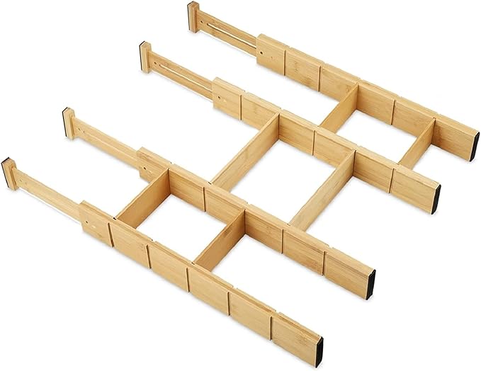 Bamboo Drawer Dividers – Adjustable Expandable Drawer Organizer (4-Pack + Inserts), Spring-Loaded Bamboo Drawer Separators for Kitchen Utensils, Silverware, Dresser & Bathroom Organization