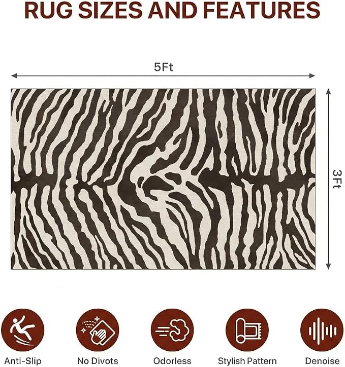 36"x60" Office Chair Mat for Hardwood Tile Floor, Under Desk Carpet Protector for Rolling Computer Chair Mat, Machine Washable Area Rug, Anti-Slip 1/5" Thick Low Pile Thin Vinyl Floor Mat, Zebra