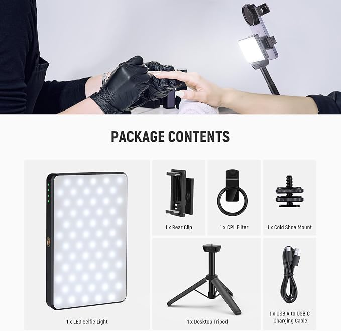 NEEWER Basics LED Selfie & Tattoo Light Compatible with iPhone, Clip on CPL Filter/Tripod Stand/Phone Holder, Fill Lighting Remove Reflection for Art Food Jewelry Photography Video Recording, BL120B