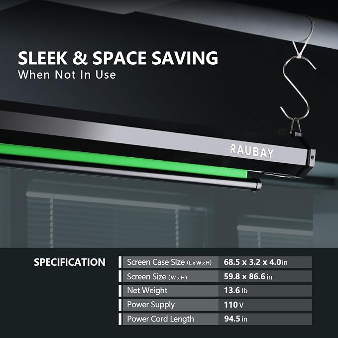 RAUBAY Motorized Pull Down Green Screen - 59.8" x 86.6" Collapsible Wall-Mount Background for Professional Video Production, Chroma Key Backdrop for YouTube, TikTok, Streaming, Video Conferencing