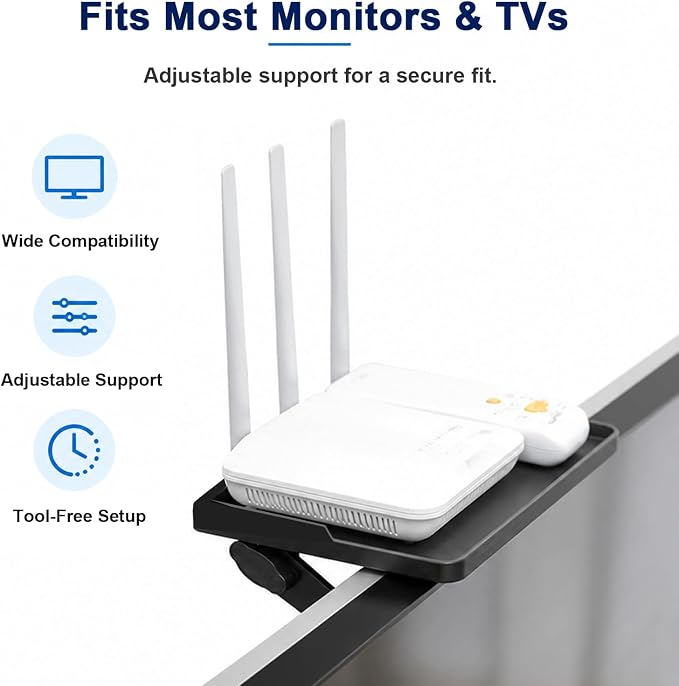 QAQMILI TV Top Shelf, Adjustable Computer Monitor Shelf, Screen Top Speaker Mount Storage Bracket for WiFi Router, Media Box, Game Console, Remote Controls, Cable Box, Cell Phone, Plants