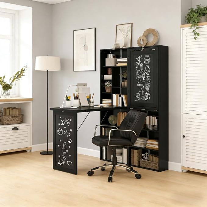 Folding Wall Mounted Desk with Storage, Expandable Hidden Computer Desk, Foldable Space-Saving Pull Out Murphy Table, Writing Table with Blackboard for Home Office Bedroom Small Spaces (Black)