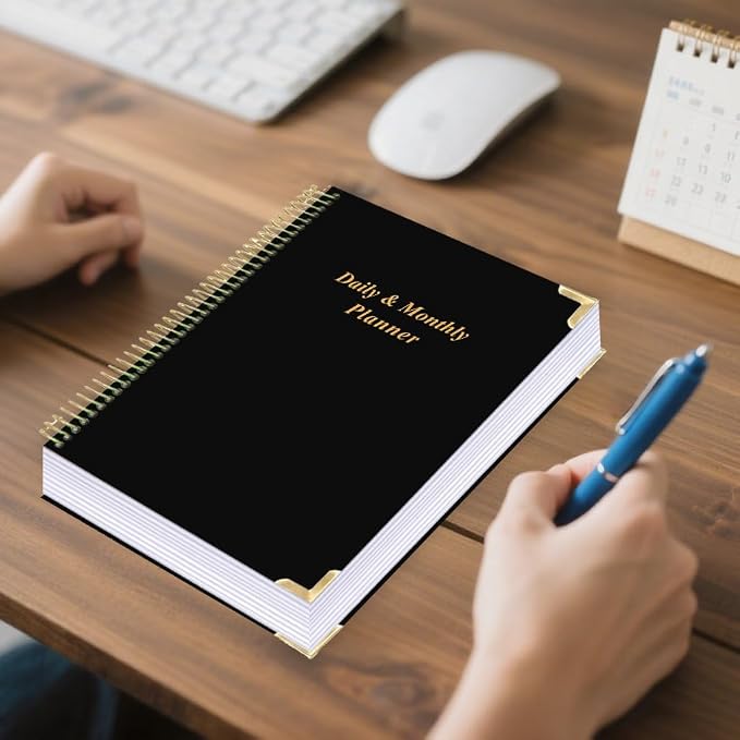 Undated Daily Monthly Planner for 2026 or Anytime - A4 To Do List with Hourly Schedule, Hardcover Spiral Bound Daily Planner to Increase Focus, Stylish School/Office Supplies, 8.5" x 11", Black
