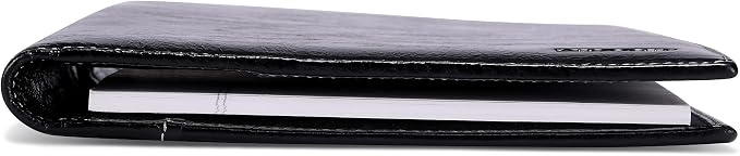 HISCOW Slim Leather Junior Padfolio, 5x8 Notepad Cover, Antiqued Black | Full-grain buffalo leather, top-loading legal pad holder, rigid pen loop, quick-access card slot, zipperless boardroom design
