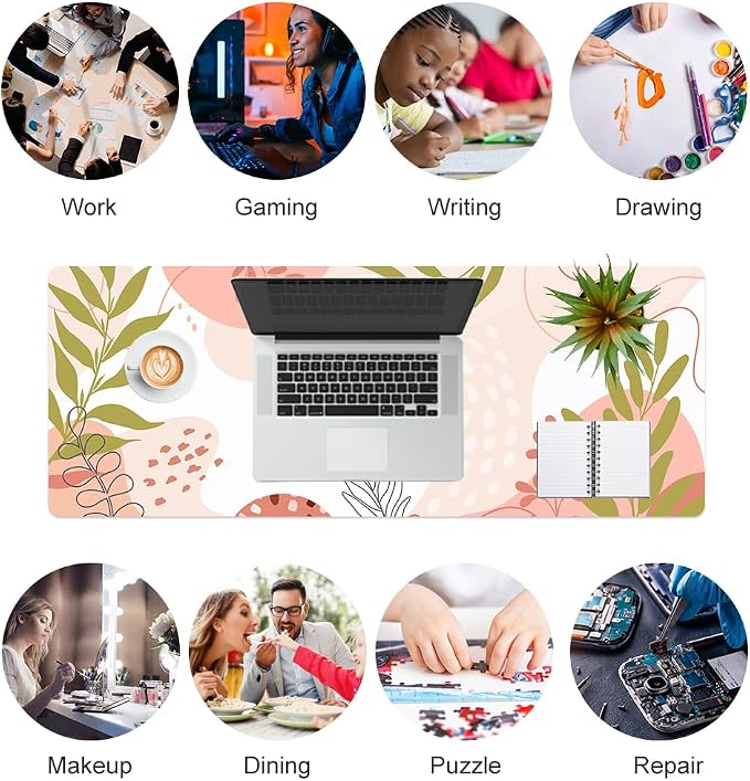 QiyI Large Mouse Pad, Cute Desk Mat for Desktop, Women Girls Minimalist Pink Office Desk Accessories, PU Leather Waterproof Gaming Mousepad, Tropical Leaves Desk Pad Computer Mat, 31.5" x 11.8"