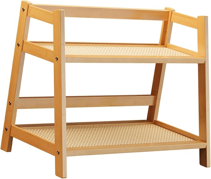 Double Layer Rack 2 Tier Bar Accessories Multipurpose Coffee Mug Display Stand Seasoning Storage Rack for Desk Office Bedroom, Bamboo Color L