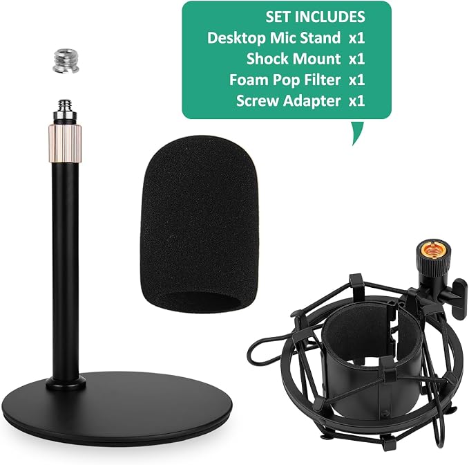 AT2020 Mic Stand, Adjustable Height Desk Mic Stand with Shock Mount, Foam Windscreen, Metal Weighted Base, 1/4 to 3/8 Metal Adapter, for AT2020 AT2020USB AT2020USB+ AT2035 Mic by Rigych
