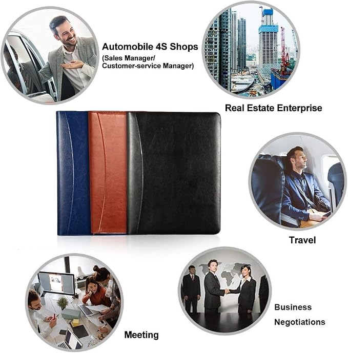 Black Leather Padfolio with 3 Ring Portfolio A4 Binder with Clipboard Padfolio for Women Men Professional Business Binders Organizer with Calculator Planner Portfolio Executive Notebook Closure Folder