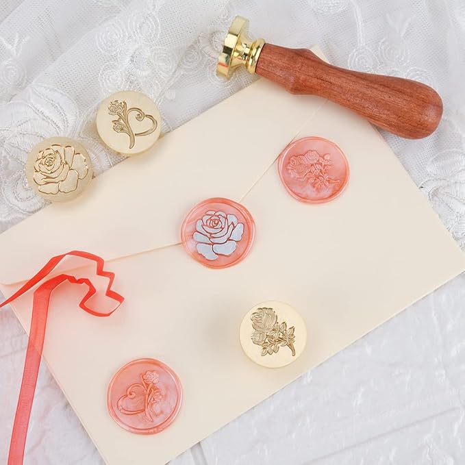 Wax Seal Stamp Kits, 6 pcs Wax Stamp Brass Head & 1 Wooden Handle, 6 Rose Designs
