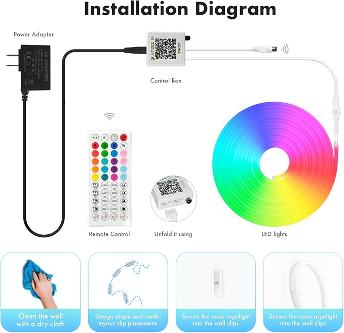 SILFU Neon Rope Lights, 65.6FT RGB LED Strip Lights, Waterproof IP67 LED Lights for Bedroom, DIY Design, Music Sync, 44 Key Remote Control, Multiple Modes for Bedroom, Holiday Decoration, (2 x 32.5ft)