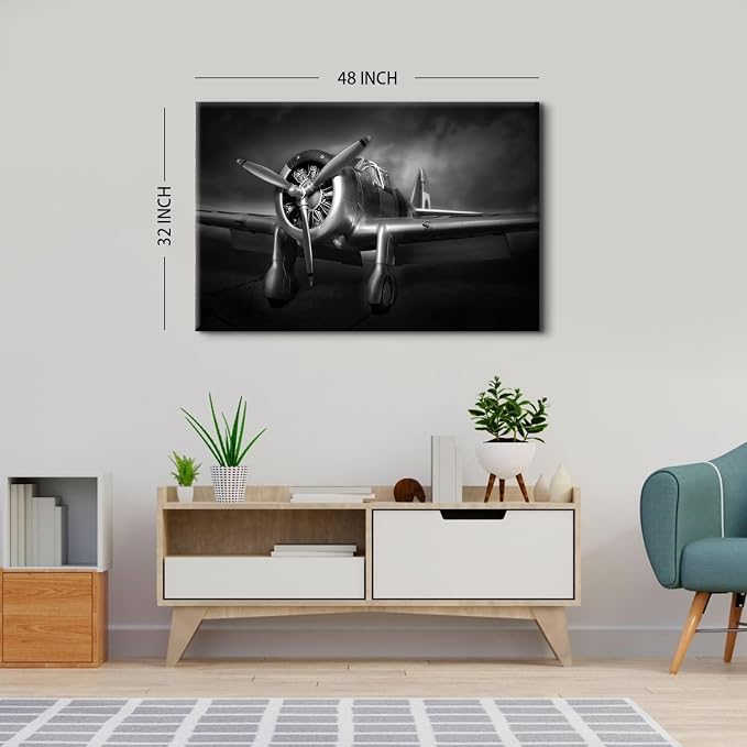 Large Propeller Aircraft Wall Art Black and White Airplane Bedroom Wall Decor for Living Room Close-up Plane Engine Pictures Canvas Prints Military Fighter Paintings Artwork Home Decorations 32x48"