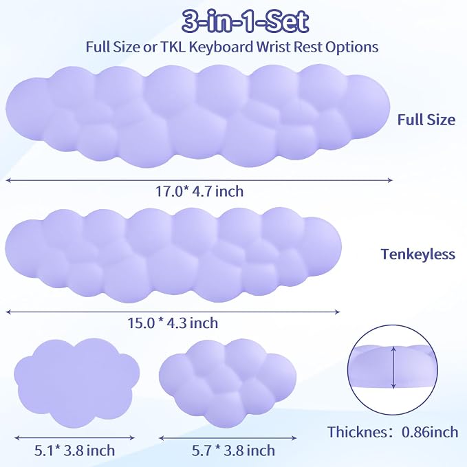 Sushret Cloud Wrist Rest Keyboard, Cloud Keyboard Wrist Pad Set with PU Leather Memory Foam, Cute Arm Rest for Palm Support, PC/Gaming Desk Accessories/Office Setup/Computer Hand Cushion - Purple