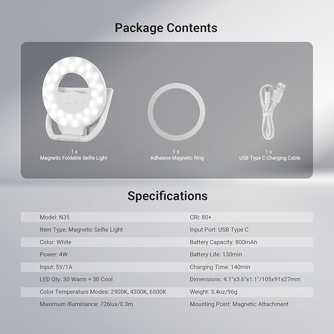 NEEWER ENTRY LEVEL VERSION N35 Magnetic Selfie Ring Light Compatible with MagSafe iPhone, 4W Bi Color Foldable Small Plastic LED Phone Fill Lighting 800mAh/CRI80+ for Recording Makeup Video Conference