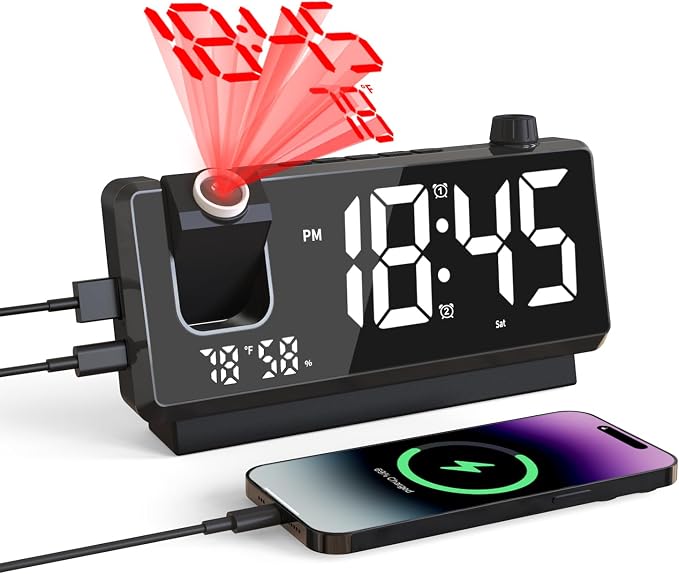 Projection Alarm Clock for Bedroom, 7" Mirror Face Display Digital Clock with 180° Projector on Ceiling, 3-Level Dimmer, USB Charger Ports, Dual Alarm for Heavy Sleepers, Ideal Gifts for Kids Elderly