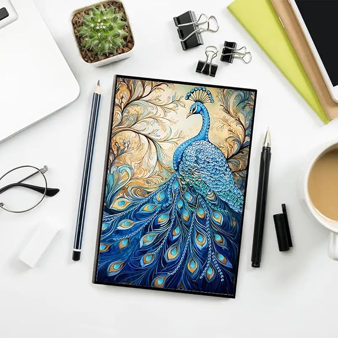 FRANDEK Pearl Painting Notebook Kit, Blue Peacock A5 DIY Journal with 50 Blank Pages, Diamond Gem Art Cover with Waterproof Canvas, Beginner Craft Set with Full Tools for Adults