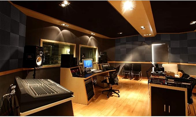 Focusound 52 Pack Black GreyAcoustic Foam Panels 1" x 12" x 12" Sound Proof Foam Panles Soundproofing Noise Cancelling Wedge Panels for Home Office Recoding Studio with 300PCS Double-Side Adhesive