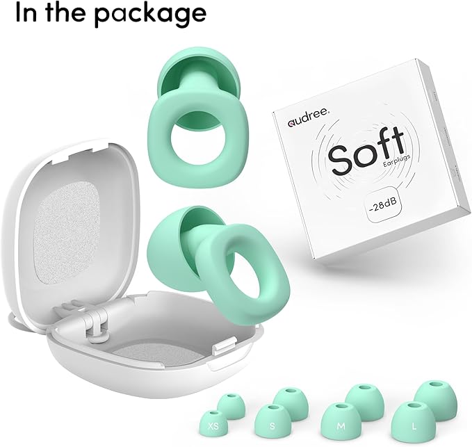 Audree Soft Ear Plugs for Noise Reduction, Reusable Flexible Earplugs for Sleep, Travelling, Focus, Study & Noise Sensitivity, 28dB Noise Cancelling, 8 Silicone Ear Tips in XS/S/M/L, Green