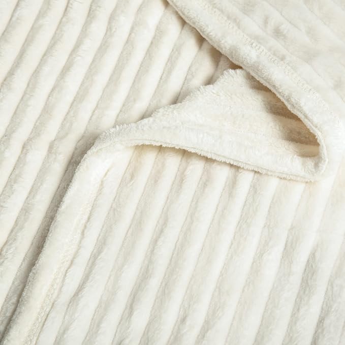Vessia Flannel Fleece Throw Blanket for Couch, Sofa, Bed, 300GSM Microfiber Cream Striped Chair Blanket, Super Soft Warm Cozy Lightweight Ribbed Throw for All-Season
