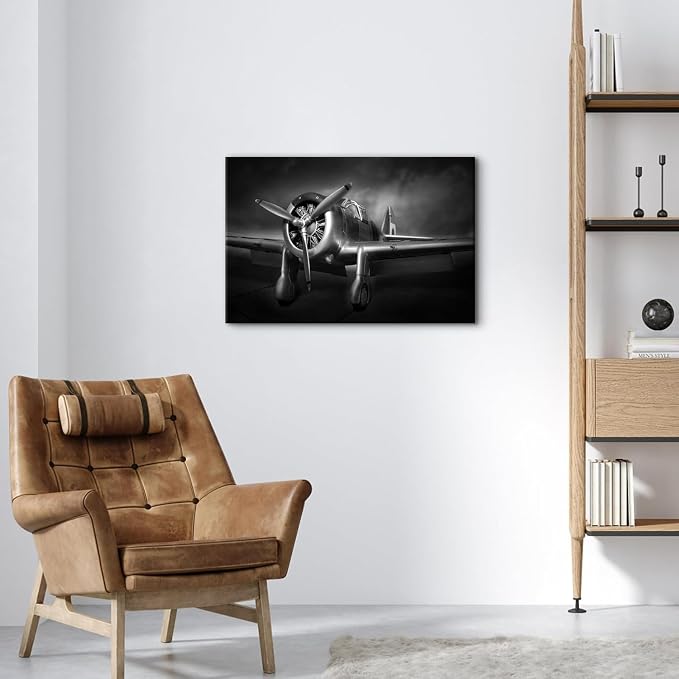 Vintage Airplane Wall Art for Living Room Black and White Propeller Aircraft Pictures Wall Decor Boys Room Decorations Plane Engine Canvas Prints Aviation Military Artwork Bedroom Home Office 16x24"