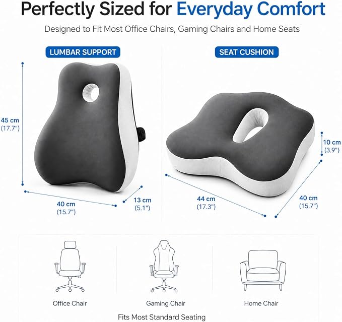 Ergonomic Memory Foam Seat Cushion & Lumbar Support Pillow Set, Coccyx Cushion for Tailbone Pressure Relief, Sciatica Relief & Lower Back Support, Office Chair, Gaming Chair, Car Seat, Wheelchair